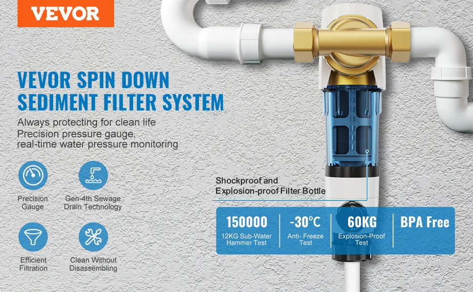 VEVOR spin down sediment filter system with precision pressure gauge for real-time water monitoring.