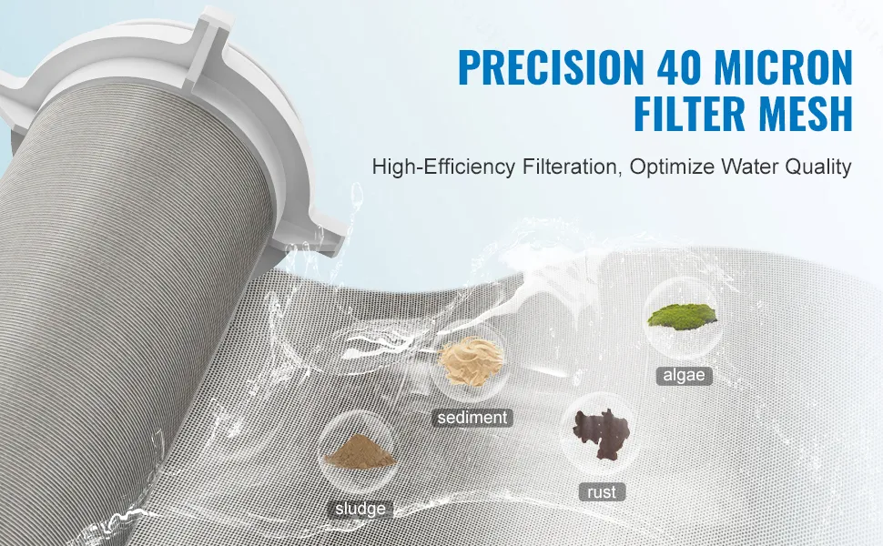 VEVOR spin down sediment filter with precision 40-micron mesh removes algae, sediment, rust, sludge.