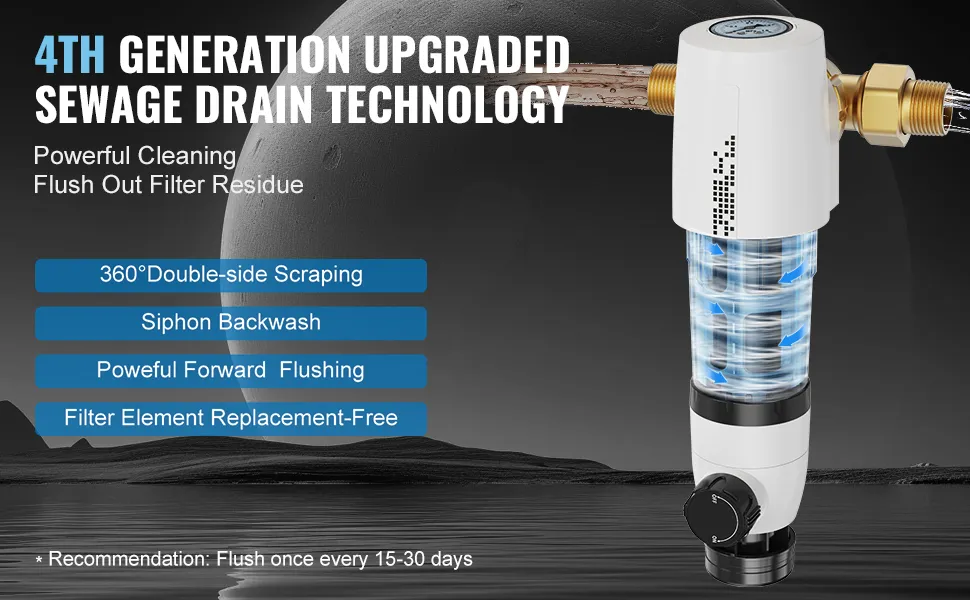 VEVOR spin down sediment filter with 4th generation upgraded sewage drain technology and 360° scraping.