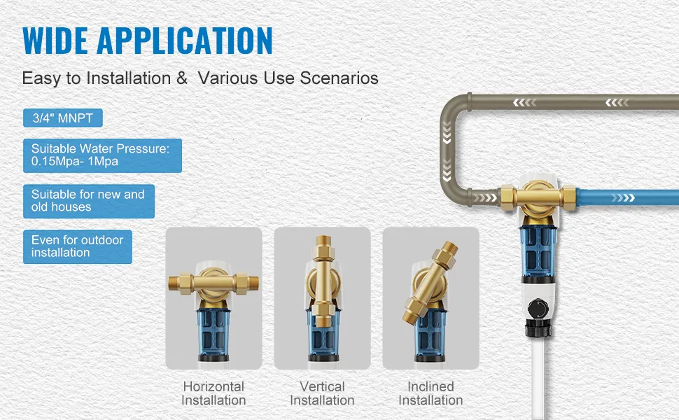 VEVOR spin down sediment filter with 3/4" mnpt, suitable for various installations and water pressures.