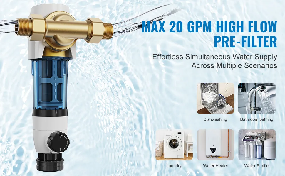 VEVOR spin down sediment filter with max 20 gpm flow for dishwashing, bathing, laundry, water heater.