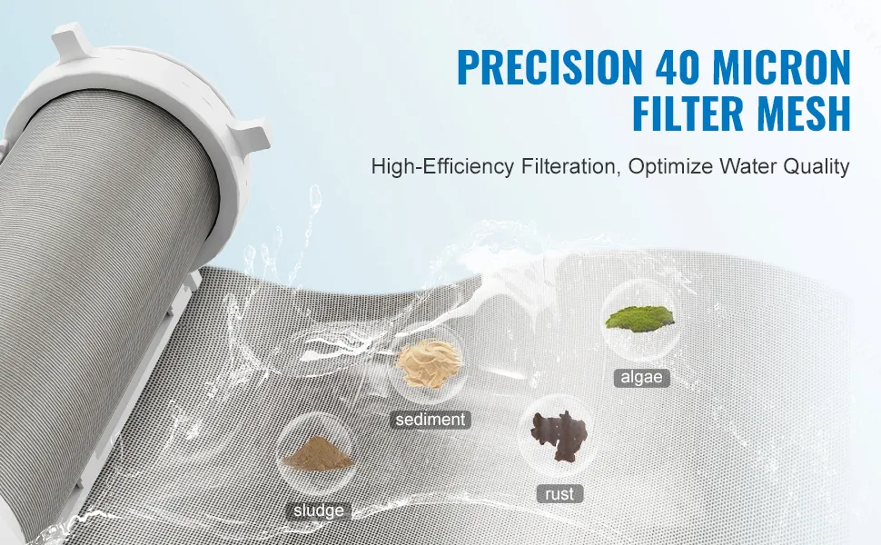 Filtro de agua de pozo VEVOR que presenta una malla de precisión de 40 micrones que filtra algas, sedimentos, lodos y óxido.