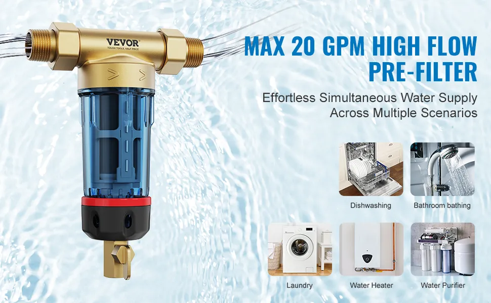 Filtro de agua de pozo VEVOR que garantiza un prefiltro de alto flujo para lavavajillas, baño, lavandería, calentador de agua, purificador.