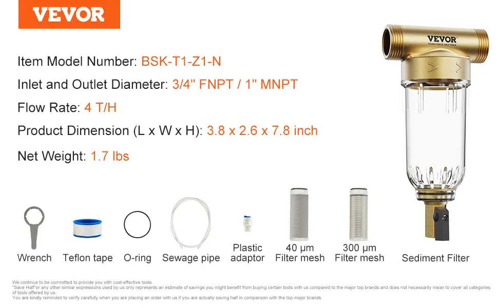 Filtro de agua para toda la casa VEVOR con fnpt de 3/4" y mnpt de 1", caudal de 4 t/h, mallas de filtro de 40 y 300 μm.