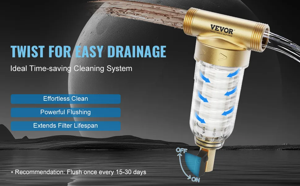 Filtro de agua para toda la casa VEVOR que presenta un drenaje fácil, limpieza sin esfuerzo, descarga potente y vida útil del filtro.