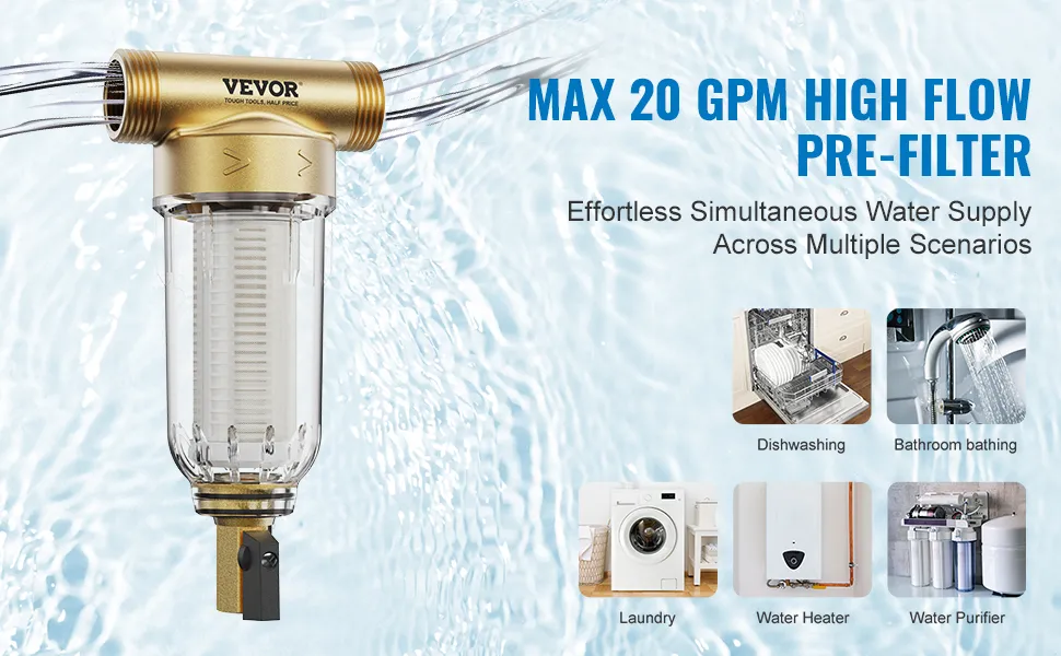 Filtro de agua para toda la casa VEVOR con prefiltro de alto flujo de 20 gpm para lavar platos, bañarse, lavar la ropa y más.