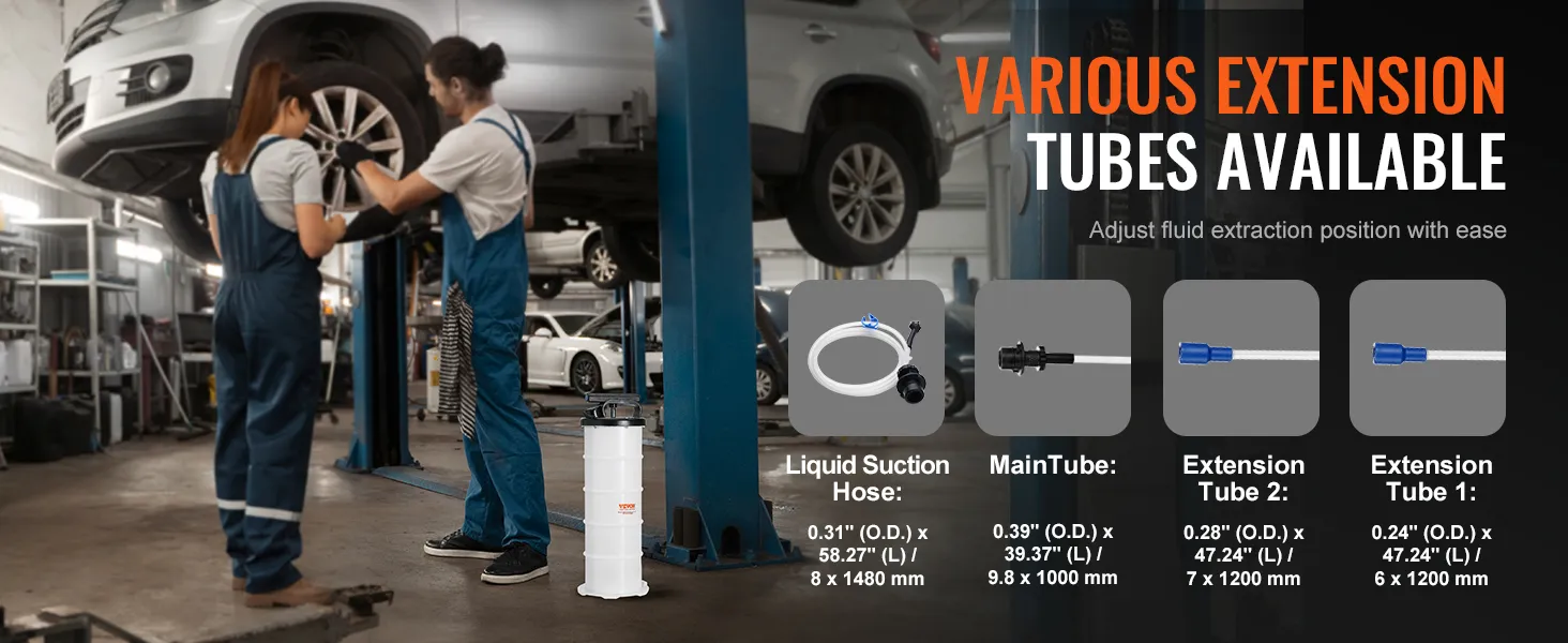 VEVOR fluid extractor in auto workshop with various extension tubes and mechanics working on a vehicle.