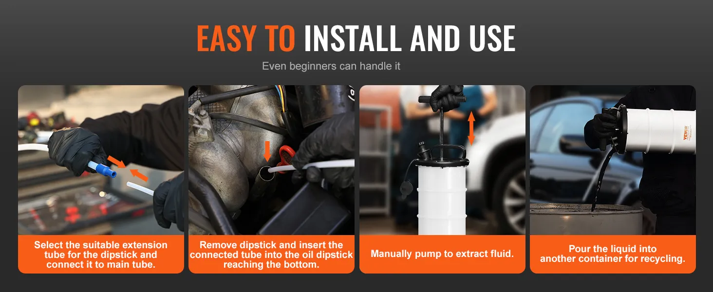 easy installation and use of VEVOR fluid extractor, showcasing steps from connecting to recycling fluid.