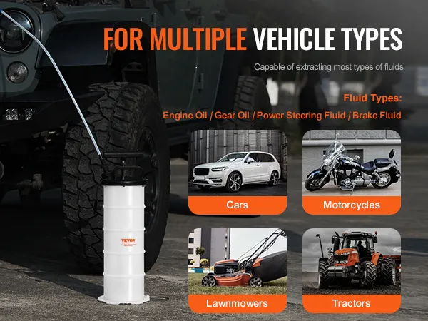 VEVOR fluid extractor for multiple vehicle types, including cars, motorcycles, lawnmowers, and tractors.