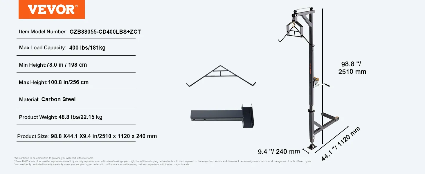 VEVOR hitch mounted deer hoist, max load 400 lbs, height range 78-100.8 in, carbon steel.