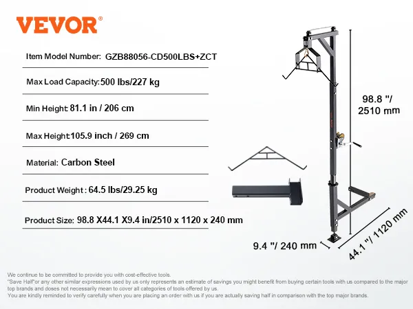 VEVOR hitch mounted deer hoist, carbon steel, 500 lbs capacity, adjustable height, compact size.