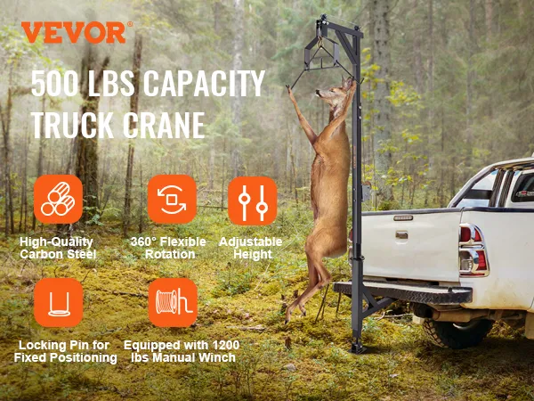VEVOR hitch mounted deer hoist lifting a deer beside a white truck in a forest, 500 lbs capacity crane.