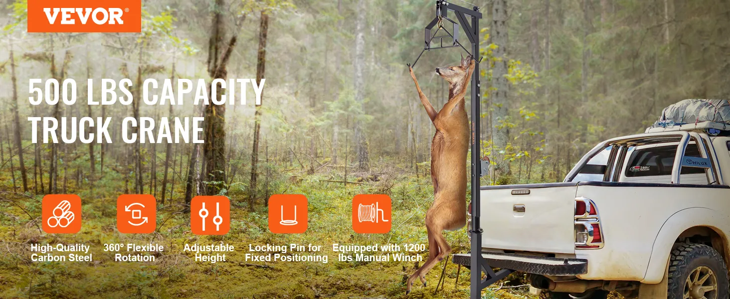 VEVOR hitch mounted deer hoist lifting a deer beside a white truck in a forest, 500 lbs capacity crane.