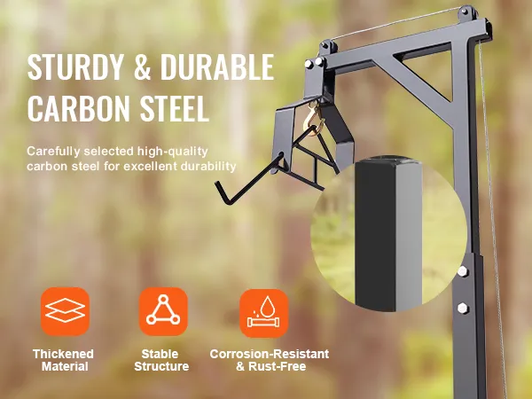 VEVOR hitch mounted deer hoist made of sturdy and durable carbon steel, thickened material, stable structure.