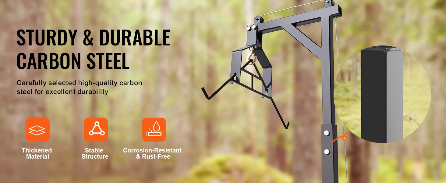VEVOR hitch mounted deer hoist made of sturdy and durable carbon steel, thickened material, stable structure.
