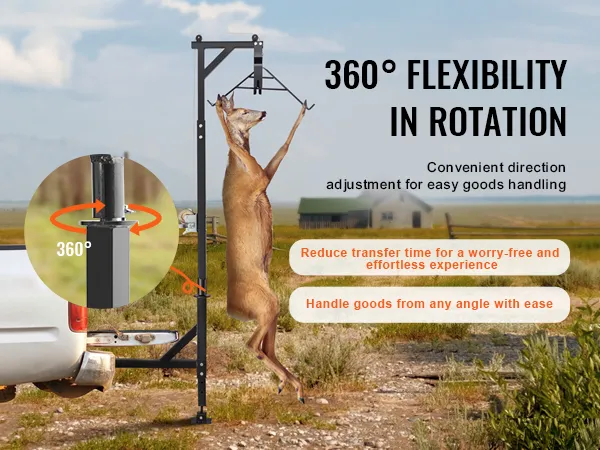 VEVOR hitch mounted deer hoist demonstrating 360-degree rotation for effortless goods handling.