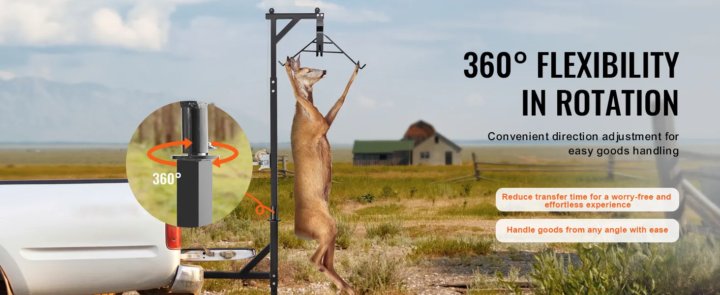 VEVOR hitch mounted deer hoist demonstrating 360-degree rotation for effortless goods handling.