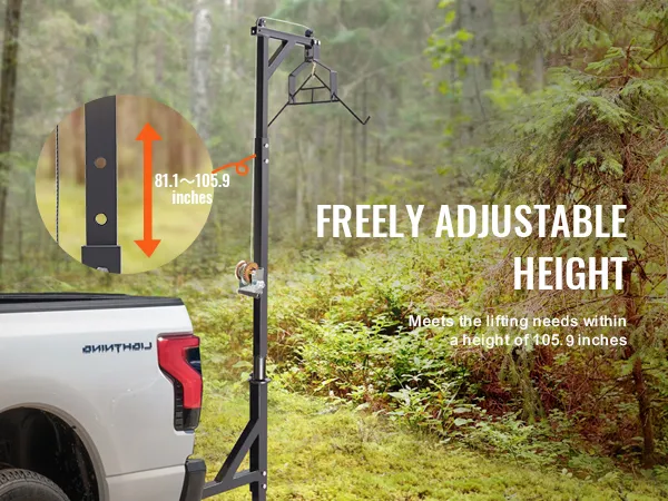 VEVOR hitch mounted deer hoist showing adjustable height from 81.1 to 105.9 inches near a truck bed.