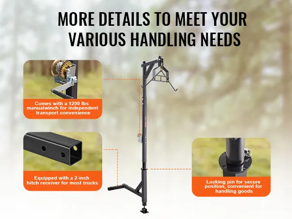 VEVOR hitch mounted deer hoist with 1200 lbs manual winch, 2-inch hitch receiver, and locking pin.