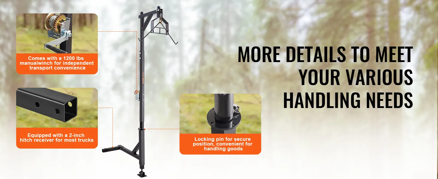 VEVOR hitch mounted deer hoist with 1200 lbs manual winch, 2-inch hitch receiver, and locking pin.