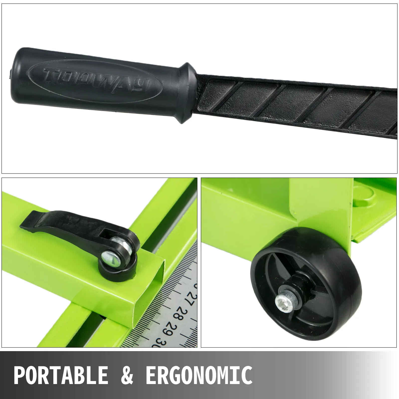 handle, ruler, and wheel components of a VEVOR tile cutter with ergonomic design.