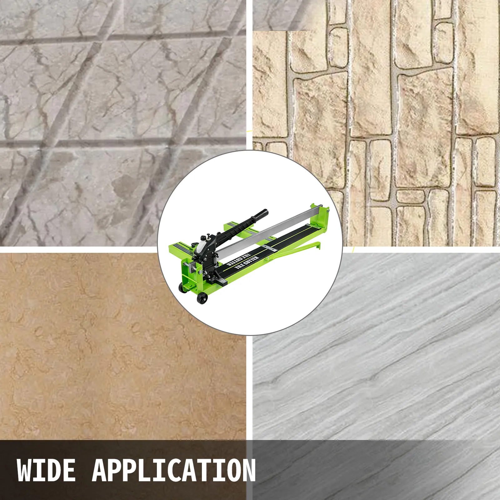 VEVOR tile cutter showcasing applications on stone, brick, ceramic, and wood tiles.