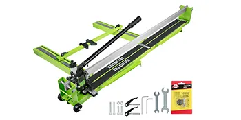 VEVOR tile cutter with lever, extended arms, replacement parts, and tools.