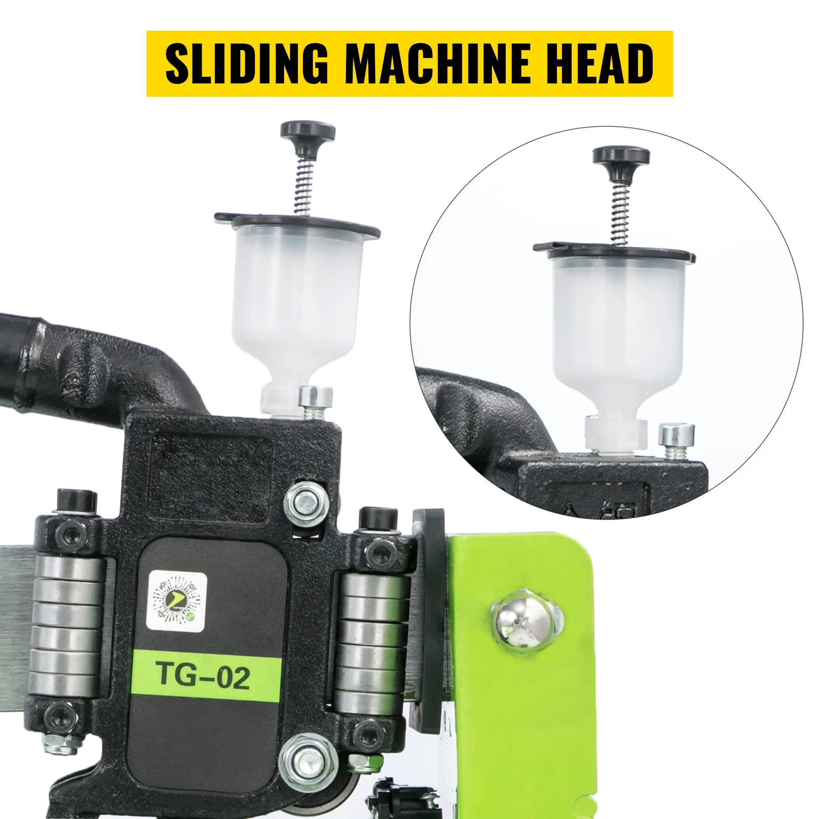 VEVOR tile cutter with sliding machine head and close-up of lubrication system.