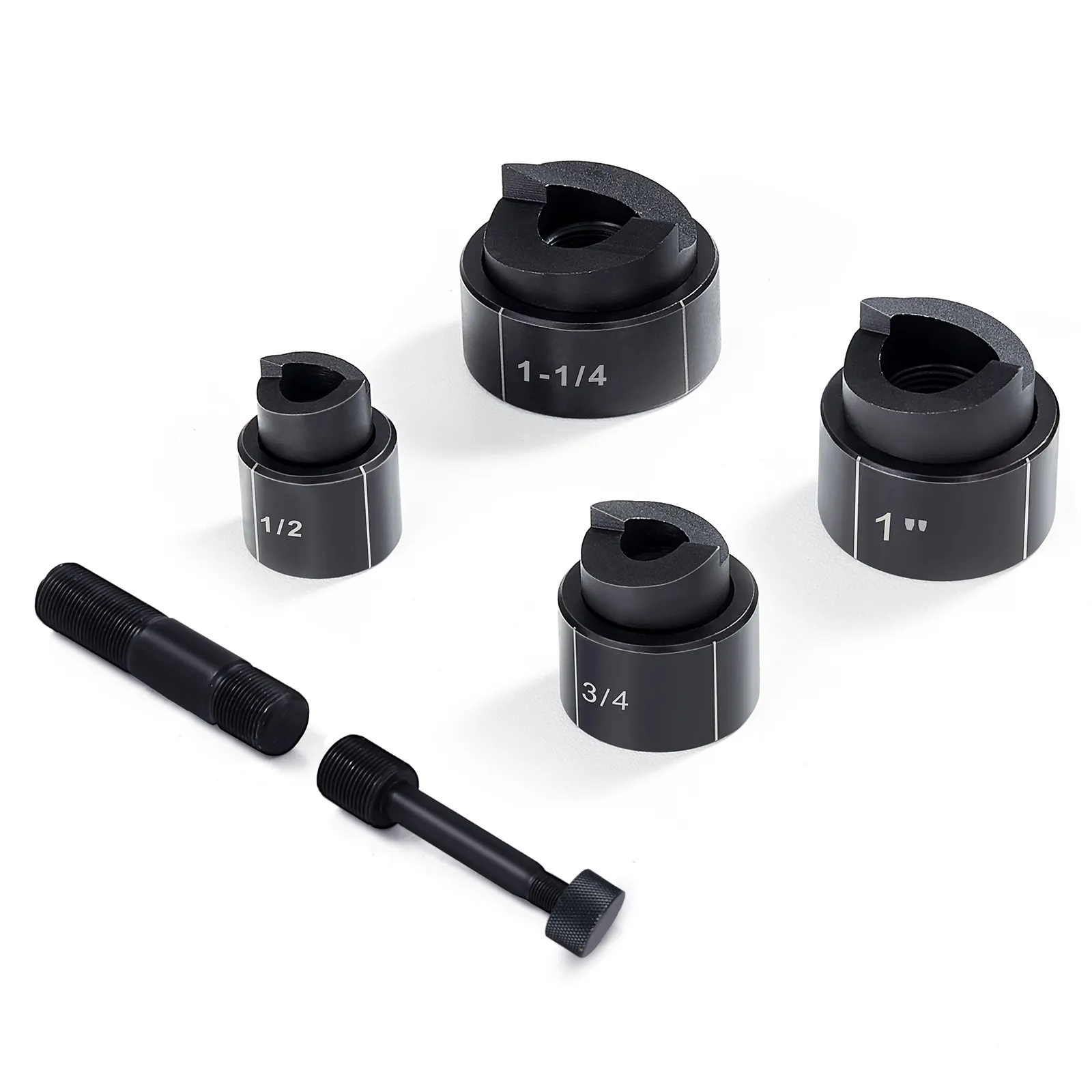 Kit di punzonatura idraulica VEVOR con matrici da 1/2", 3/4", 1" e 1-1/4" e bulloni filettati.