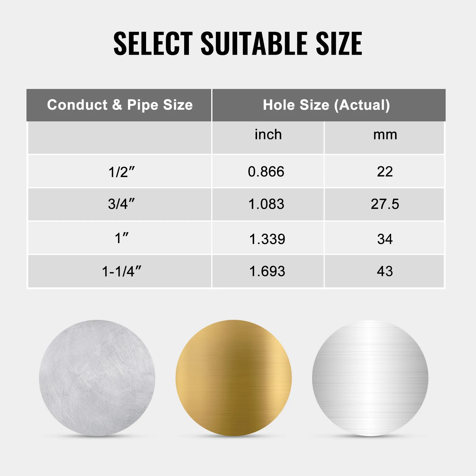 Tabella delle dimensioni del kit di punzoni idraulici VEVOR e opzioni per le dimensioni dei fori in pollici e millimetri.
