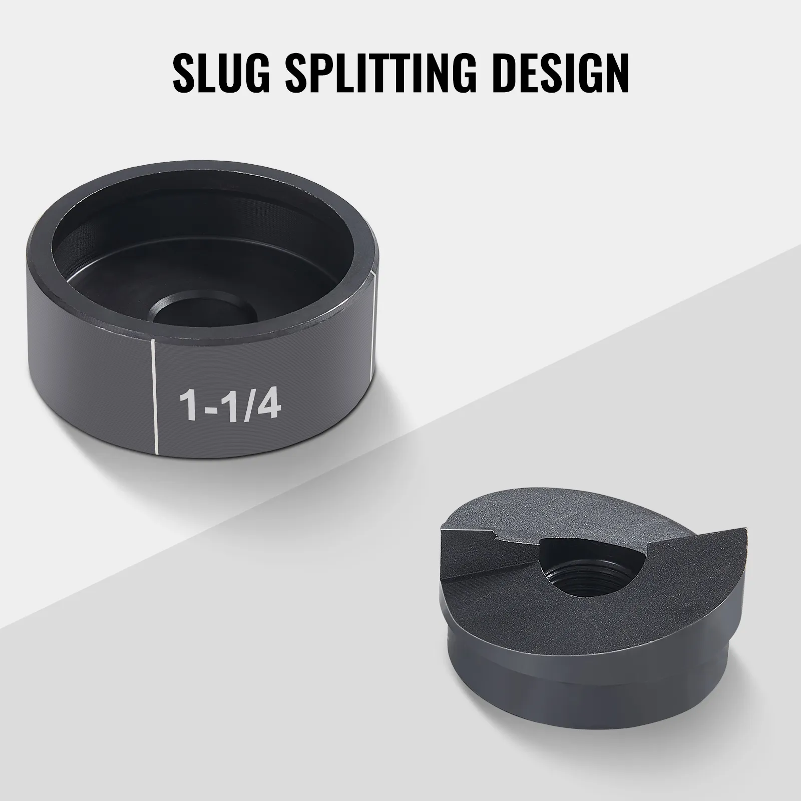 modello di punzone a spacco laterale del kit di punzonatura idraulica VEVOR, che mostra una matrice di punzonatura rotonda da 1-1/4 pollici.