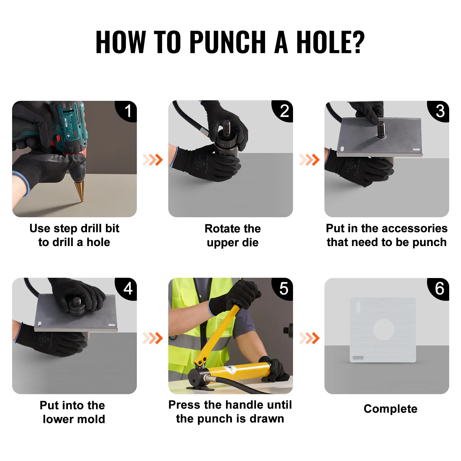 guida in sei passaggi su come utilizzare il kit di punzonatura idraulica VEVOR per praticare un foro, con istruzioni illustrate.