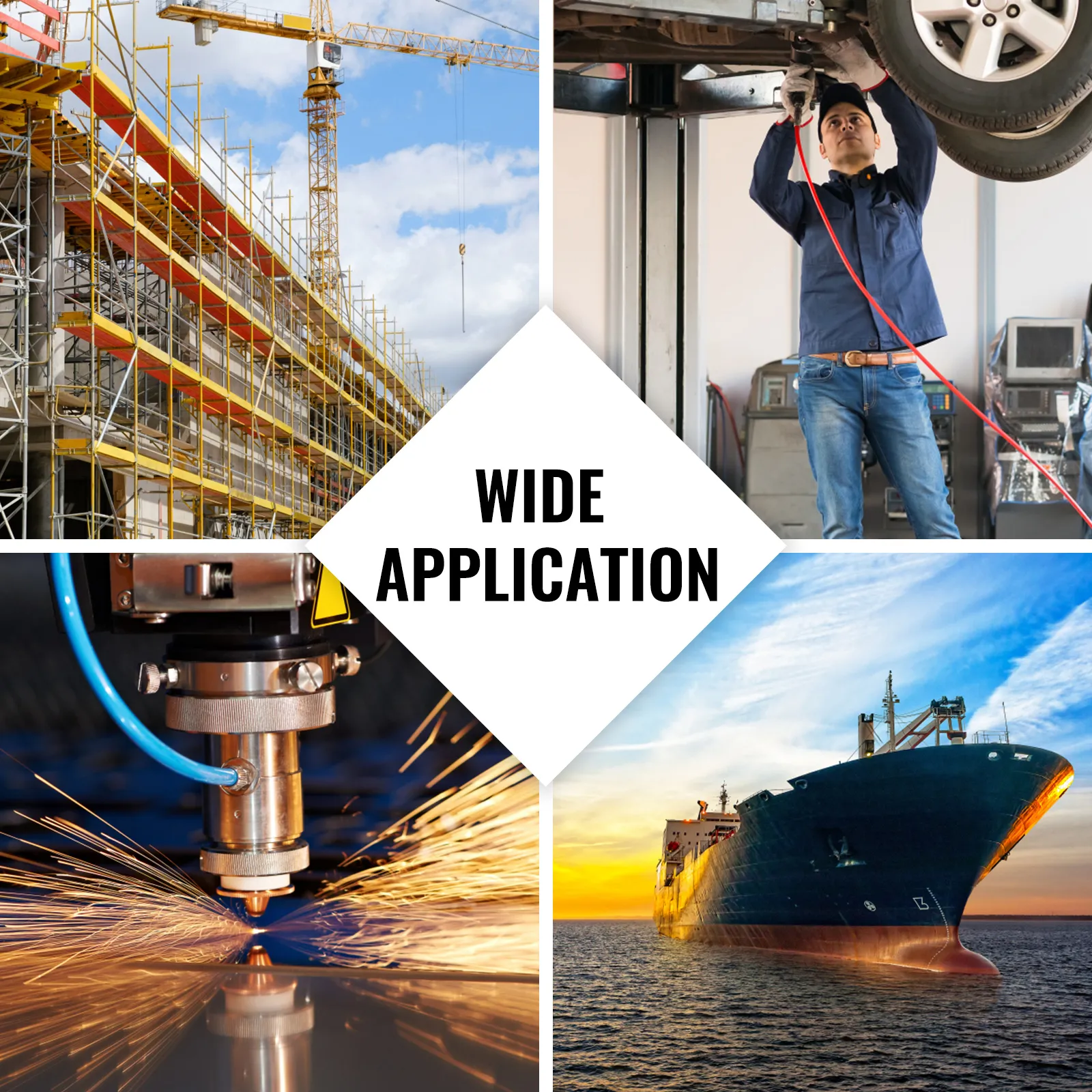 vari utilizzi del kit di punzonatura idraulica VEVOR nell'edilizia, nella riparazione di autoveicoli, nel taglio dei metalli e nelle spedizioni.