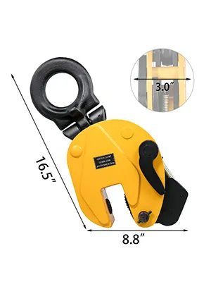 yellow VEVOR lifting clamp with dimensions 16.5" x 8.8" and 3.0" jaw width.