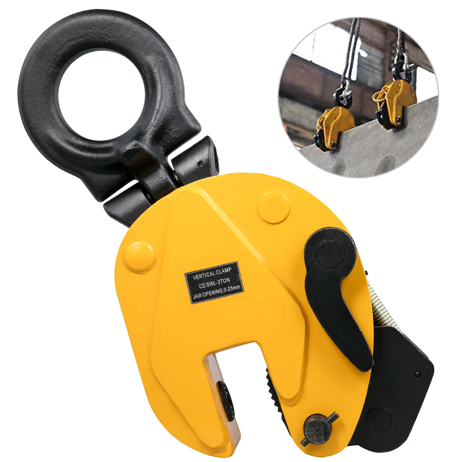 VEVOR lifting clamp in yellow with 3-ton capacity and image of clamps in use.