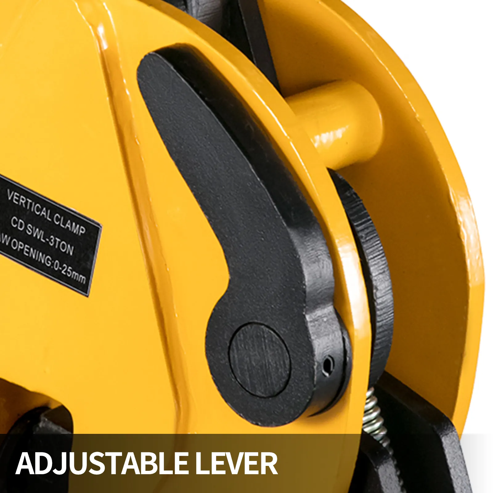 yellow VEVOR lifting clamp with adjustable lever and 0-25mm wide opening.
