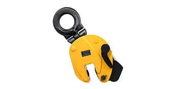 yellow VEVOR lifting clamp with a black circular attachment and safety lock.