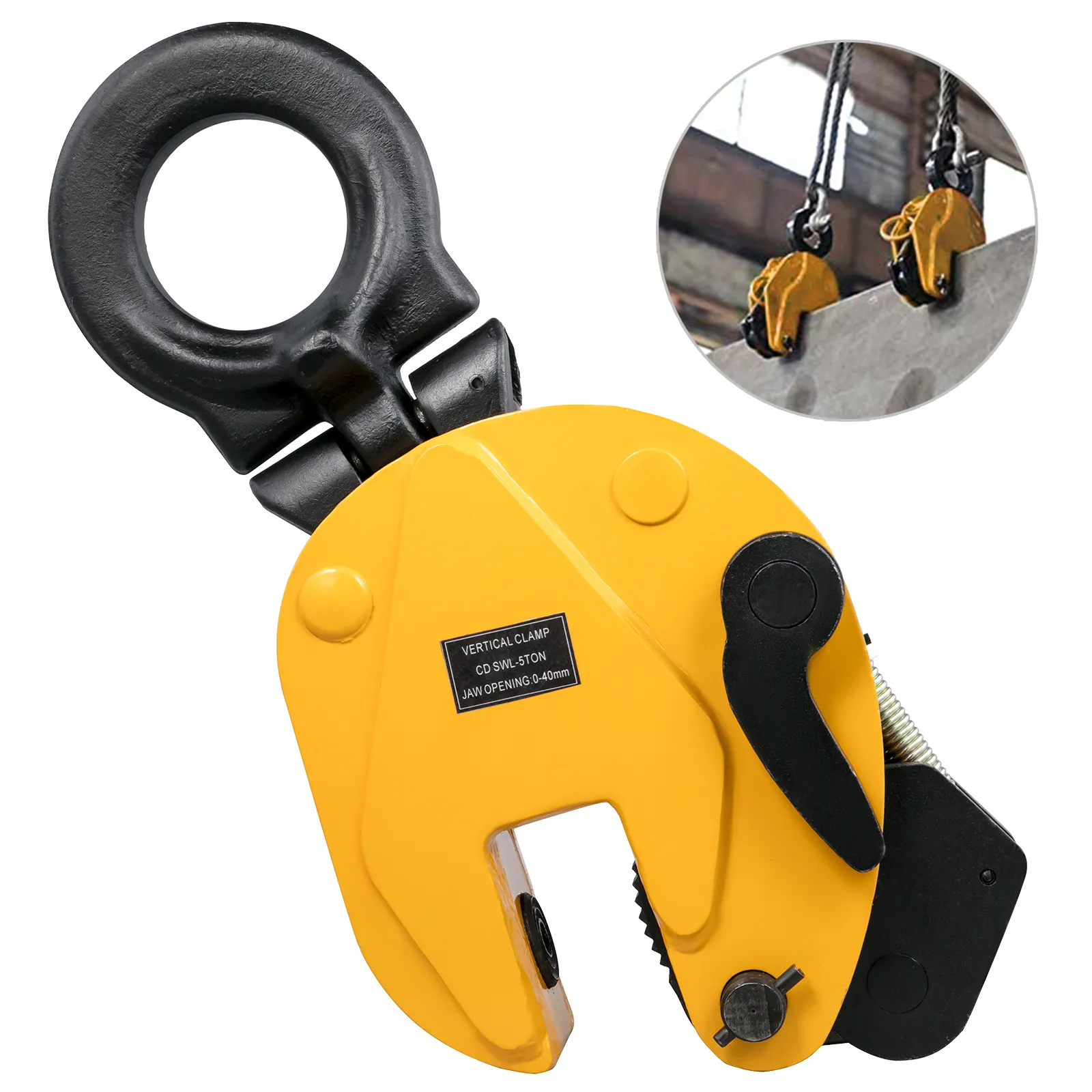 yellow VEVOR lifting clamp with a black hook and inset showing clamp usage in lifting.
