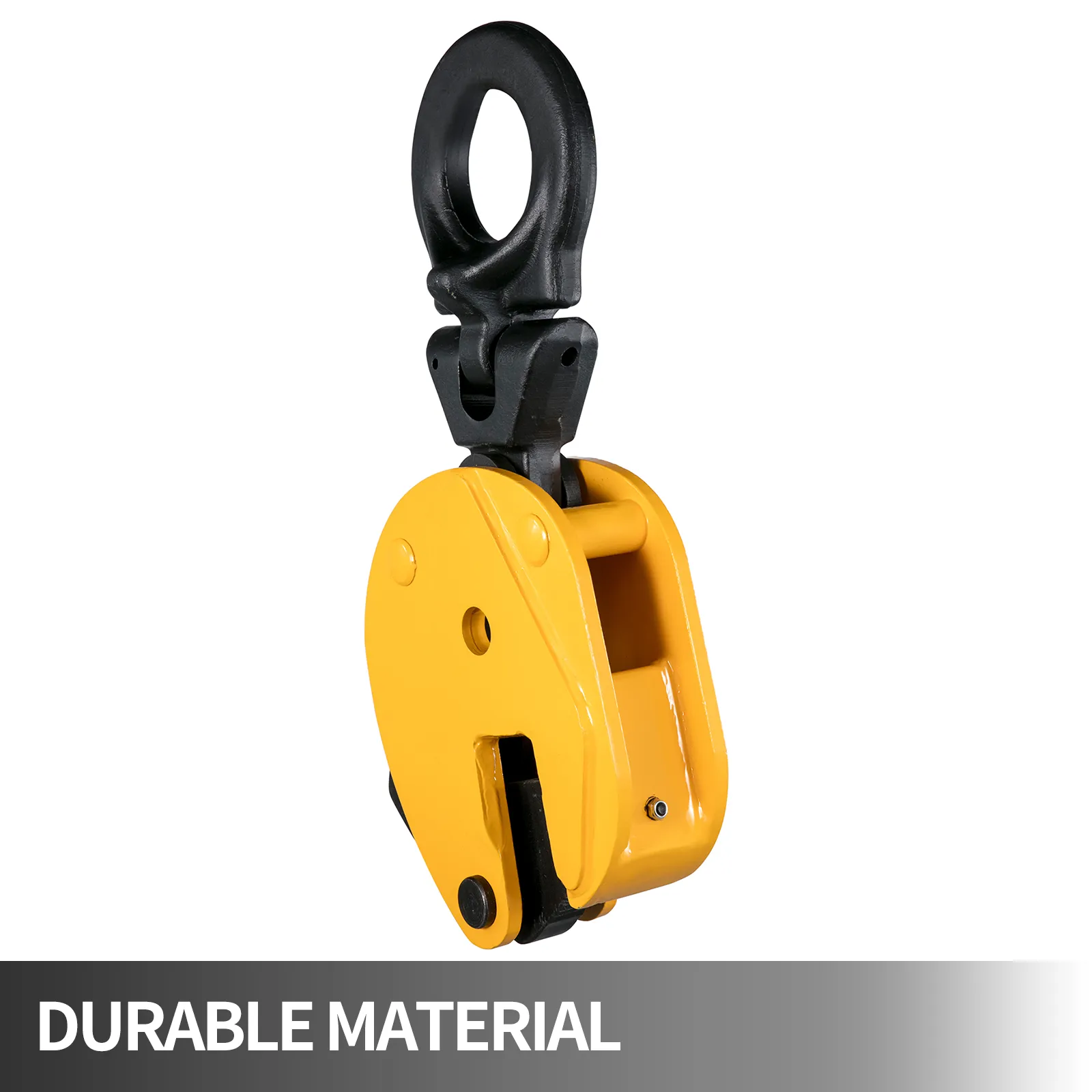 yellow VEVOR lifting clamp with durable material tagline.