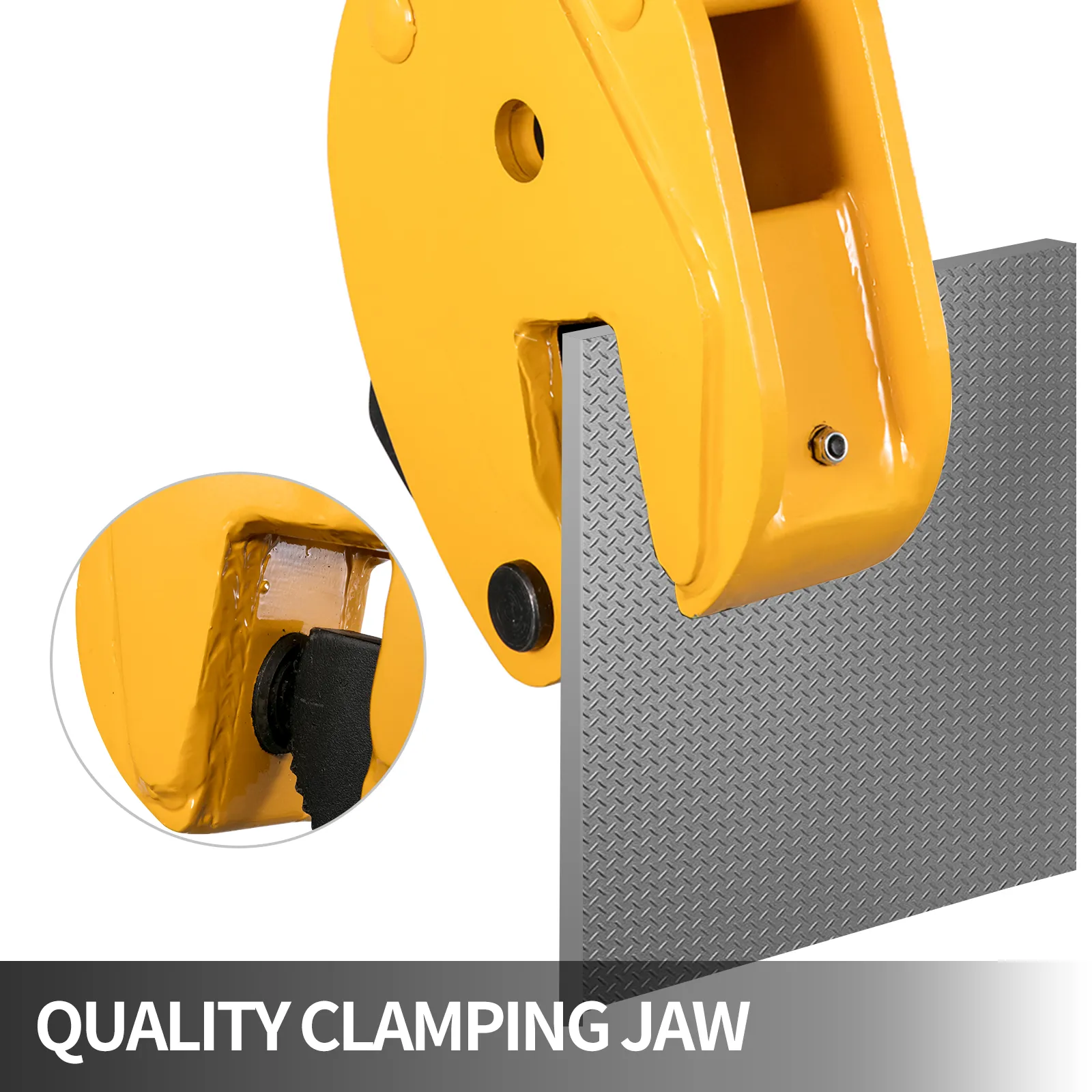 yellow VEVOR lifting clamp gripping metal sheet with close-up of clamping jaw.