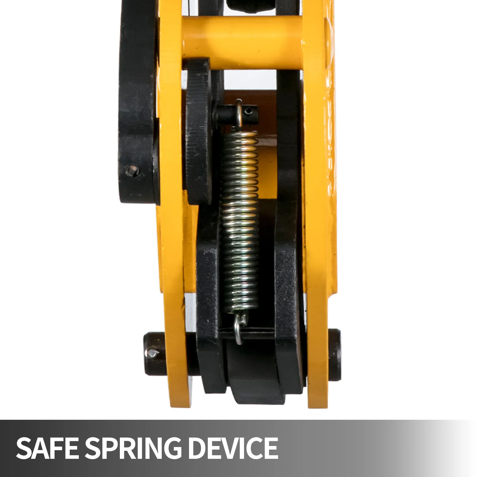 VEVOR lifting clamp with yellow frame and safe spring device in detail.