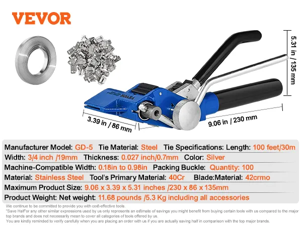 Il kit di reggiatura VEVOR comprende utensili, fascette in acciaio e fibbie, ideali per la reggiatura compatibile con le macchine.