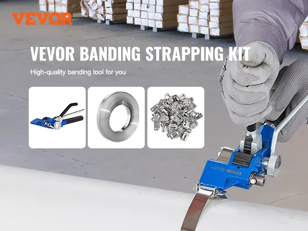 Kit di reggiatura VEVOR con utensile blu, fascia in acciaio e clip in un magazzino.