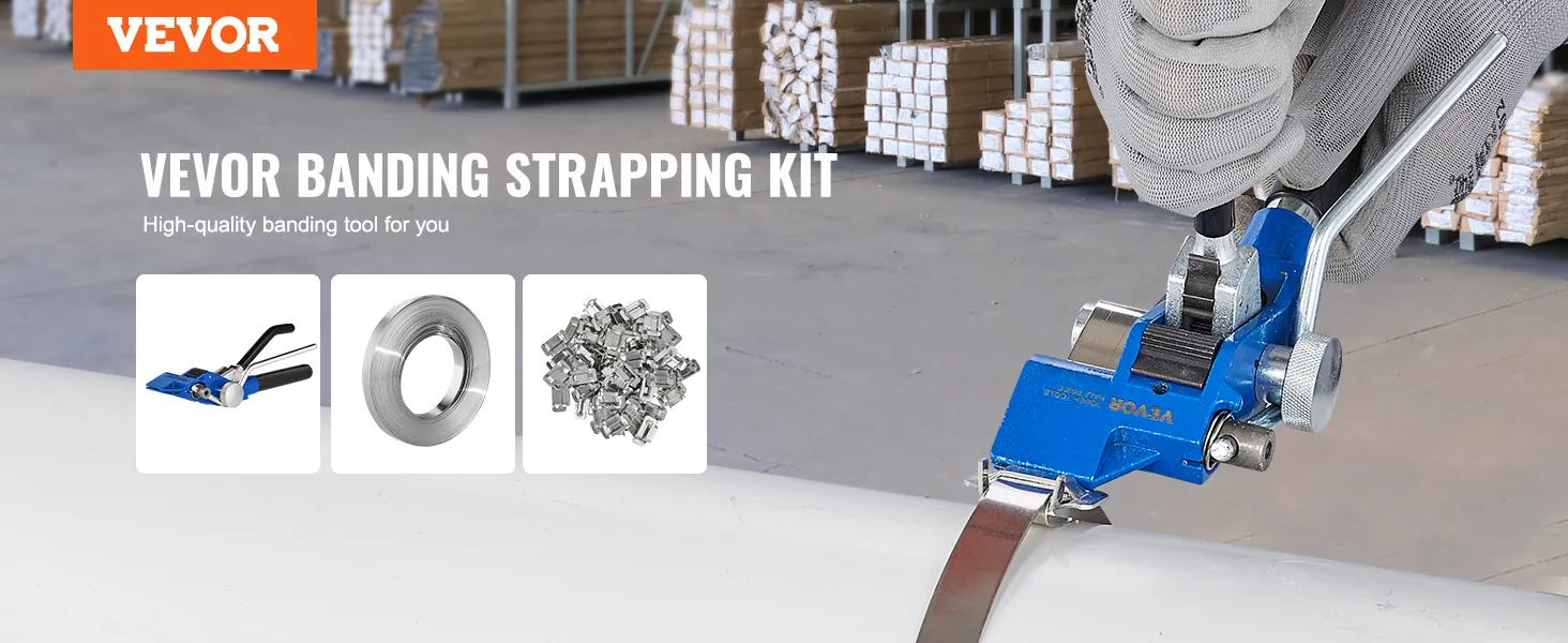 Kit di reggiatura VEVOR con utensile blu, fascia in acciaio e clip in un magazzino.