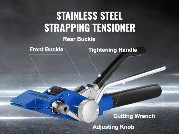 tenditore per reggette in acciaio inossidabile con parti etichettate: fibbia anteriore, fibbia posteriore e chiave di taglio.