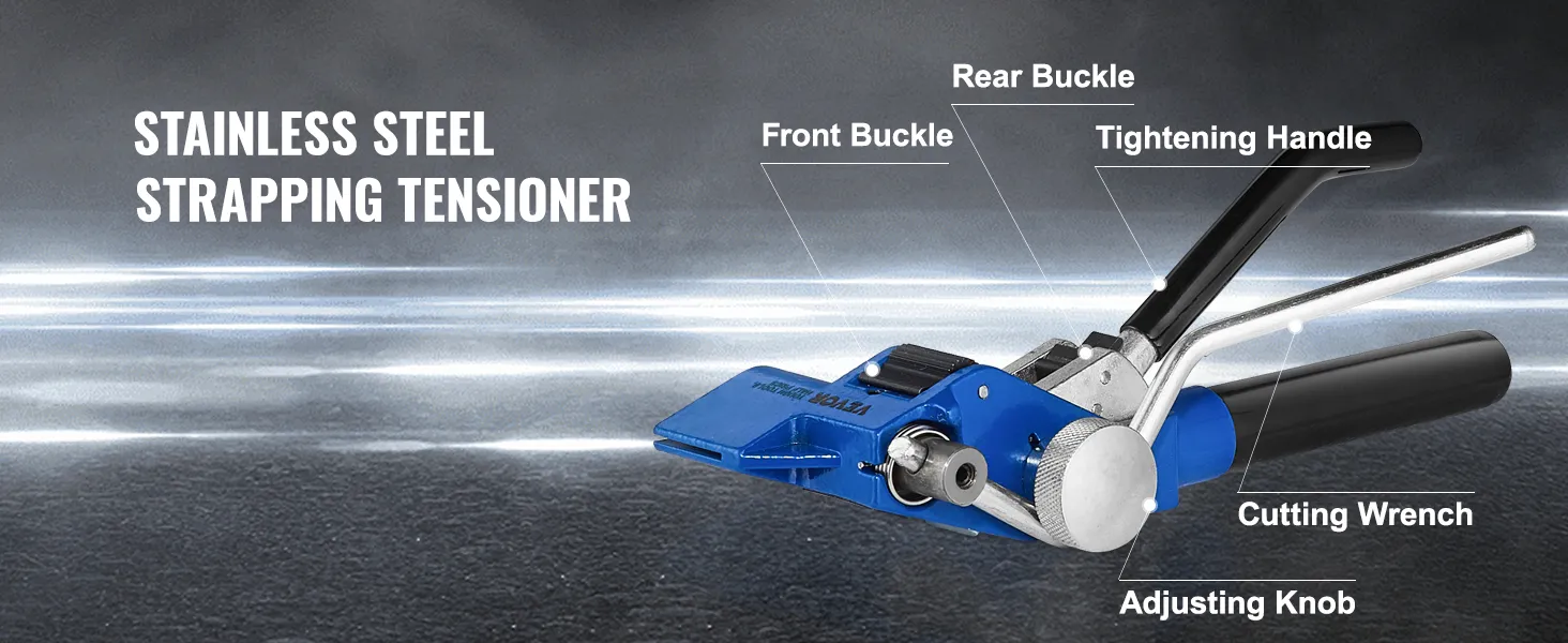tenditore per reggette in acciaio inossidabile con parti etichettate: fibbia anteriore, fibbia posteriore e chiave di taglio.