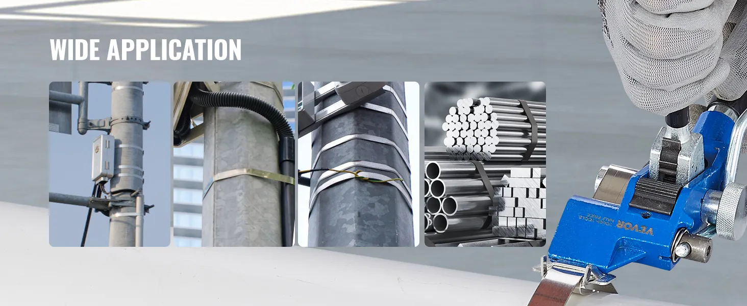 ampie applicazioni del kit di reggiatura VEVOR su pali e fasci, dimostrandone la versatilità.