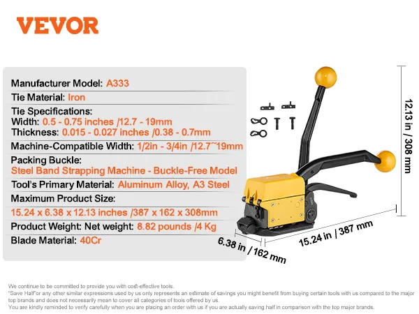 VEVOR steel strapping tool, a333 model dimensions, specs, and materials details displayed alongside the tool.