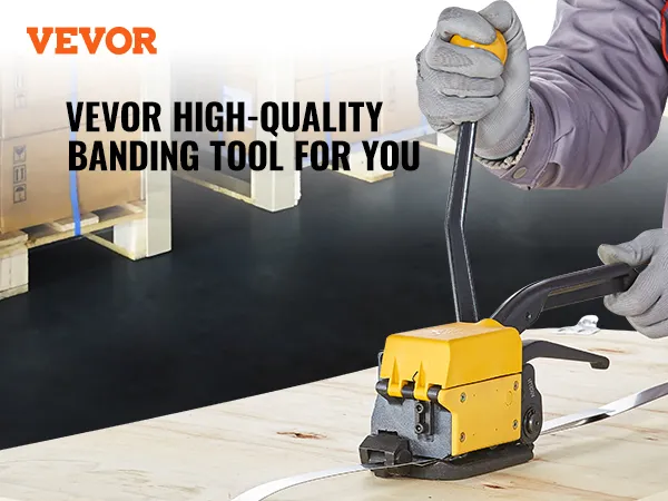 worker using VEVOR steel strapping tool to secure pallets, with VEVOR branding in background.