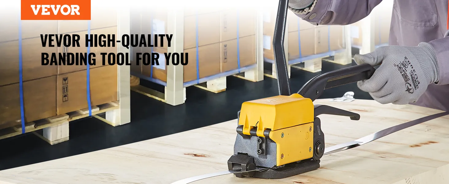 worker using VEVOR steel strapping tool to secure pallets, with VEVOR branding in background.